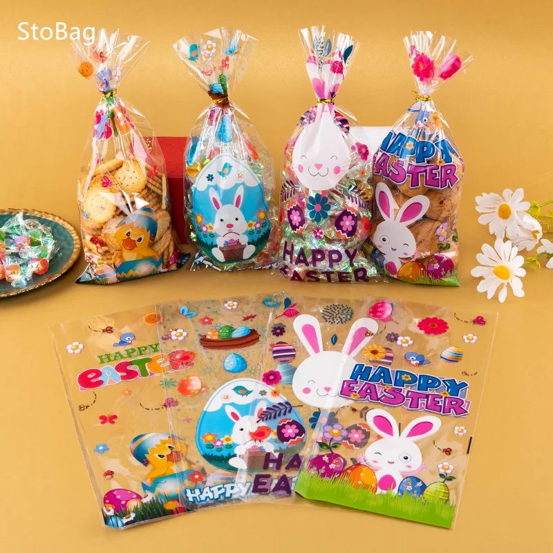 

StoBag-Easter OPP Plastic Candy Bags Chocolate Biscuit Snack Gift Packaging Yellow Cartoon Rabbit Kids Party Best Wish 50Pcs