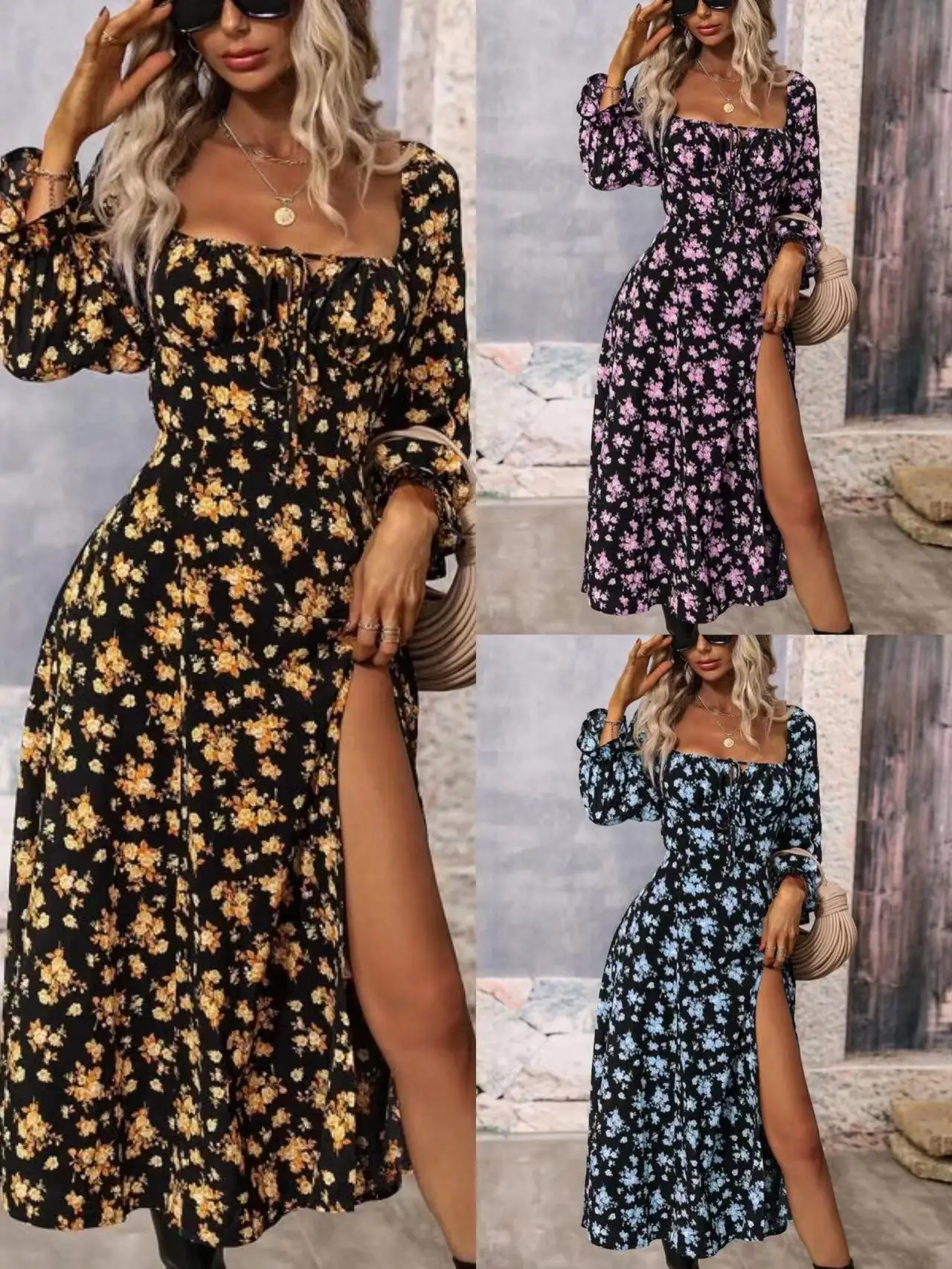 

Popular European and American Foreign Trade Spot Sexy Strap Split Long Dress Square Neck Bubble Sleeve