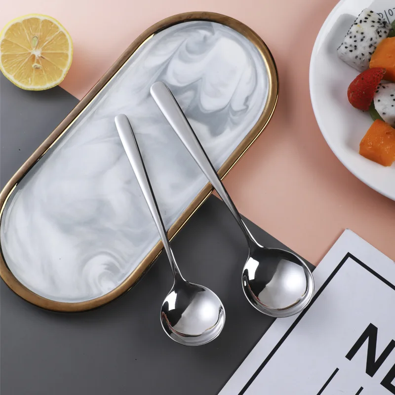 Stainless Steel Spoon 2 Sizes Long Handle Ramen Spoon Soup Ladle Stainless Steel Tableware Children's Ice Cream Teaspoons Korean Cutlery Tablespoon
