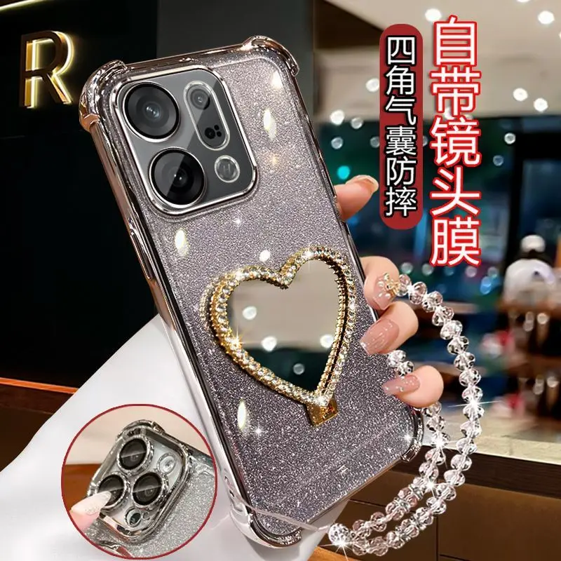 Glitter Love Mirror Case with Crystal Bracelet & Stand - Shockproof Protective Cover