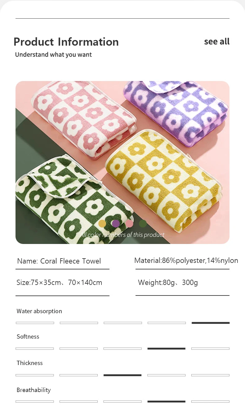 Description Picture 4 of itemCoral Fleece Towels Quick-Drying Flower Embroidered Printed Bathroom Gift Set Beach Bathroom Thickening Lengthened Beach Towel