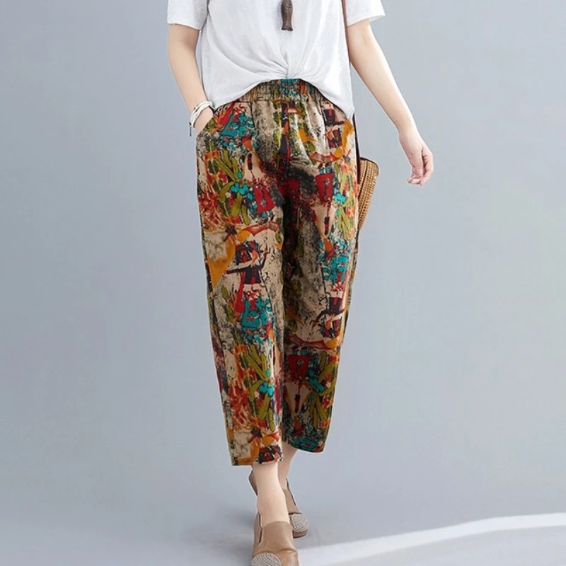 Cotton linen Capri Pants Harlan pants radish pants summer thin print large high waist versatile cotton casual pants high waisted jeans Pants & Capris