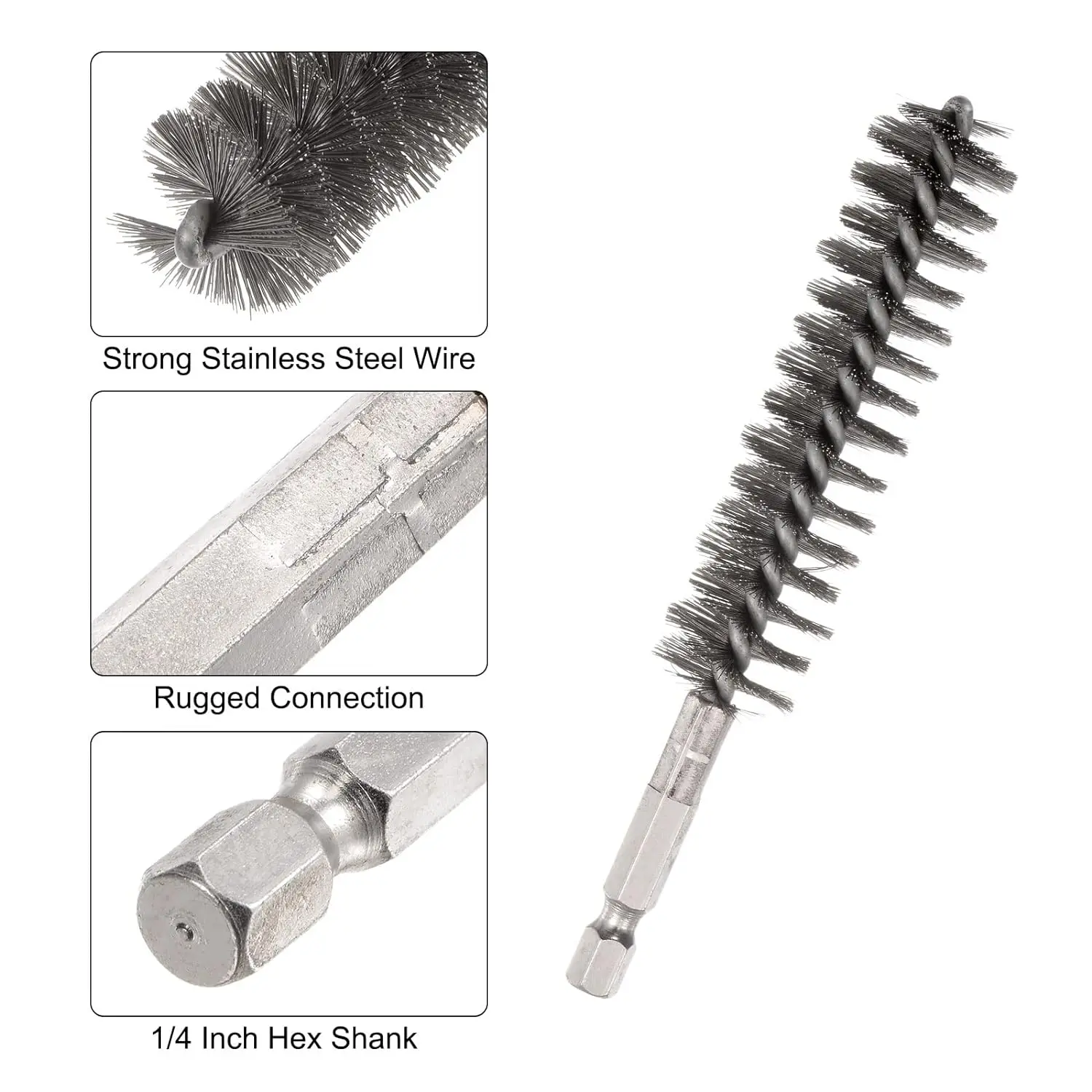 Drahtbürste, Bohrbohrung, Reinigungsbürste, 1/4 Zoll, Sechskantgriff, Edelstahlbürste für die Rostschutzreinigung von Rohranschlüssen, 8–19 mm – Detail 4