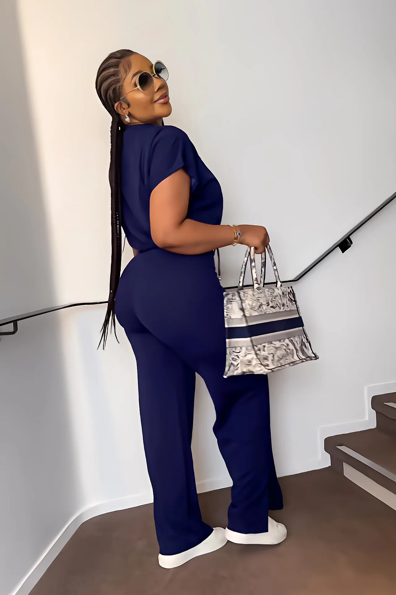 Spring Women's Crew-Neck Short-Sleeved Drawstring Top And High-Waisted Wide-Leg Pants Split Lady Casual 2-Piece Set
