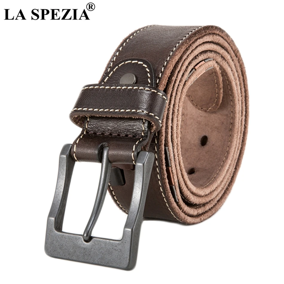 LA SPEZIA Pin Buckle Leather Belt Men Coffee Classic Accessories Belt Male Square Vintage Genuine Leather Cowhide Brand Belt