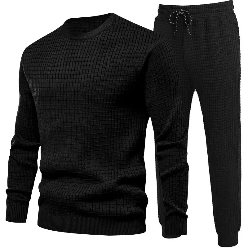 Autumn Winter New Solid Small Checker Casual Two Piece Set For Men Versatile Breathable Men Henry Long-sleeve Shirt +Pants Suits website checker