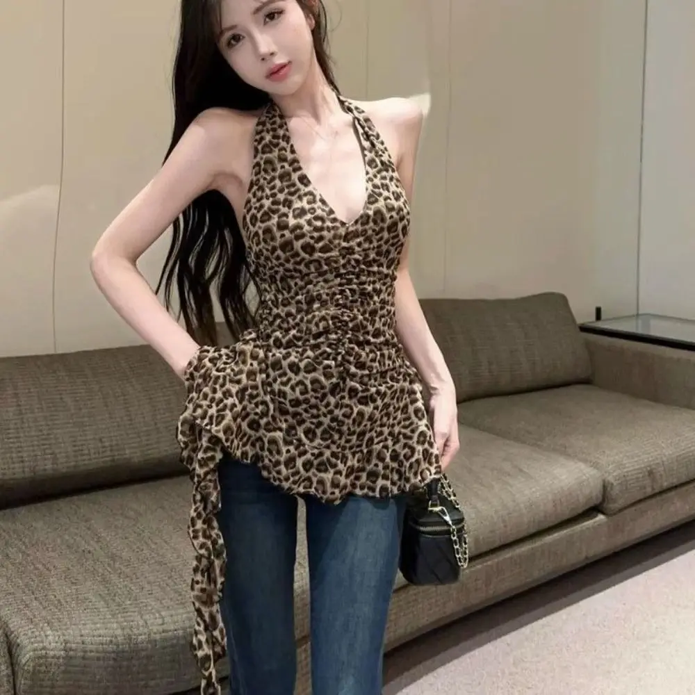 Irregular Leopard Crop Top Bottoming Shirt Ins Halter Cheesy Tops Female Clothing Slim Fit Leopard T-Shirt Women Streetwear