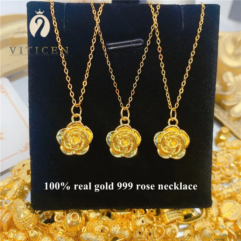 

VITICEN 999 Pure Gold Real 24K Rose Pendant Necklace For Woman Delicate Classic Present Exquisite Gift Romantic Fine Jewelry