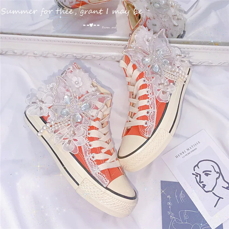 Summer 2022 Fashion Women Canvas Shoes High Women's Flat Vulcanized Shoes Orange Handmade Lace Bling Bow Sneakers