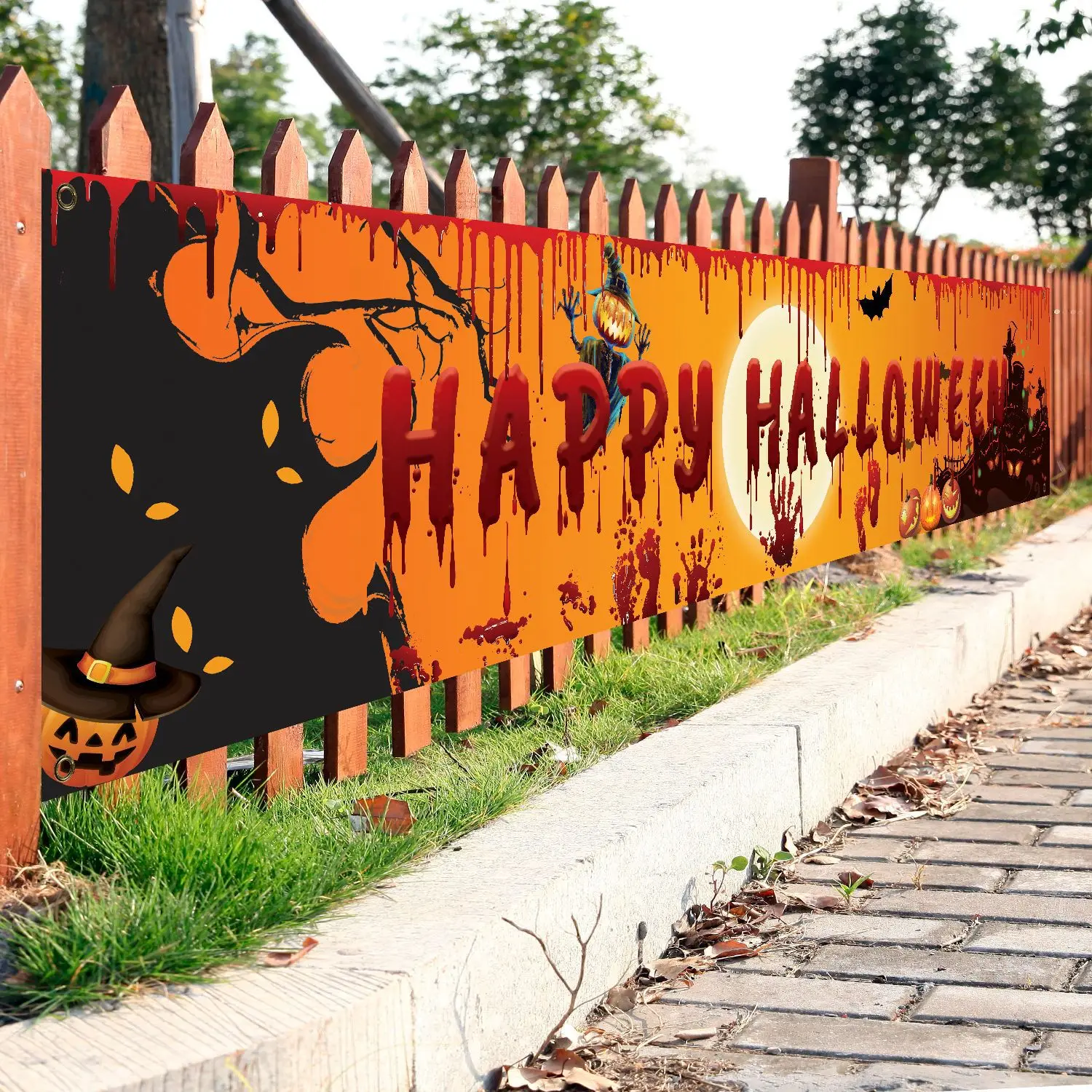 

Happy Halloween Decorations Banner Large 98''x19'' Yard Signs Party Supplies Backdrop Poster Decor Welcome Hanging Fence Flag