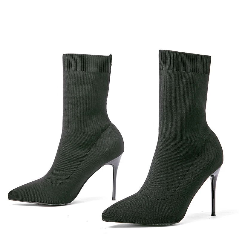 ZOOKERLIN Pointed Knitted Elastic Fabric Women's Boots Stiletto High Heels Slim Solid Color Black Slip On Ankle Boots Short Boot