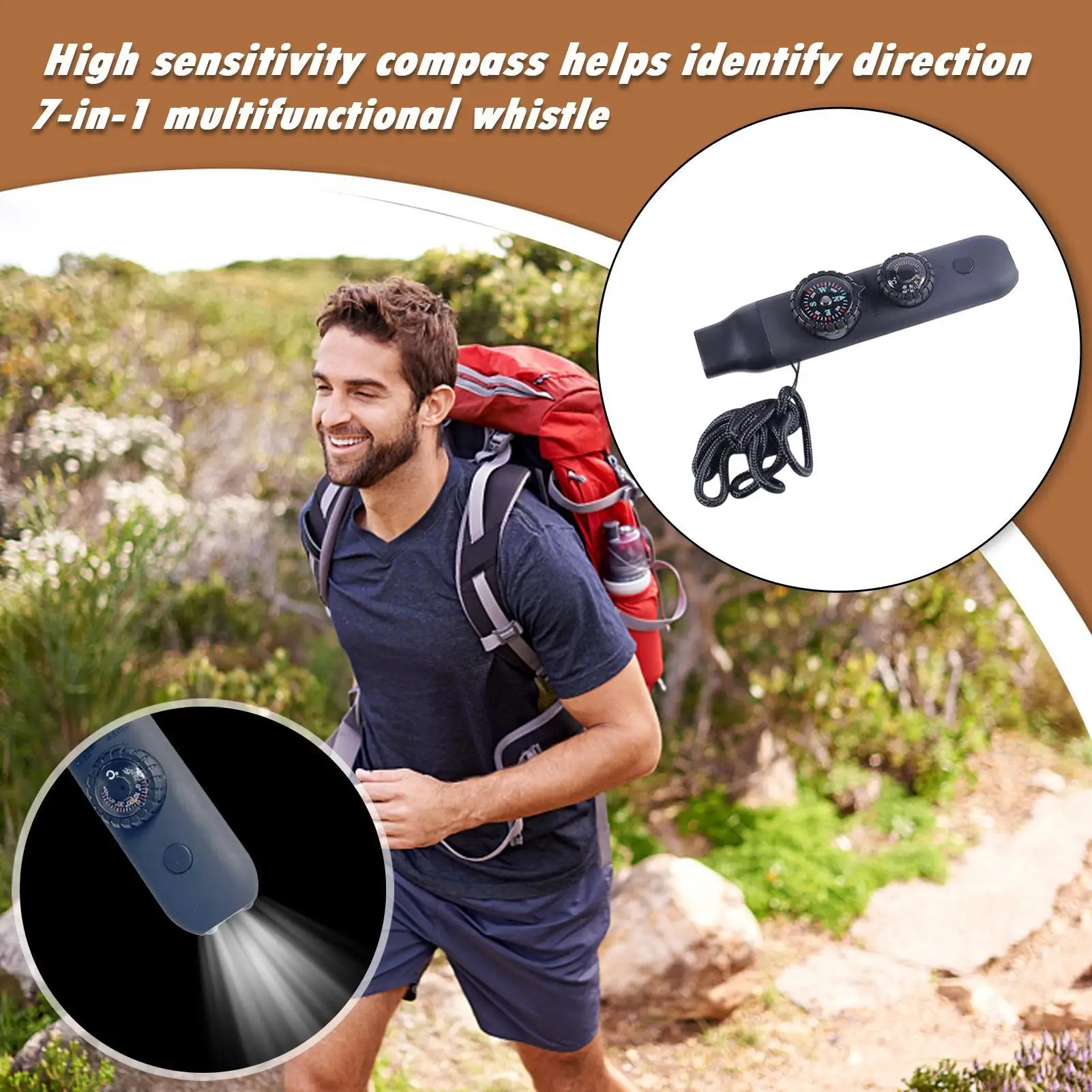 Survival Whistle with Compass Loud Sound Survival Whistle with Light Mountaineering Hiking Safety Gear with Temperature Gauge