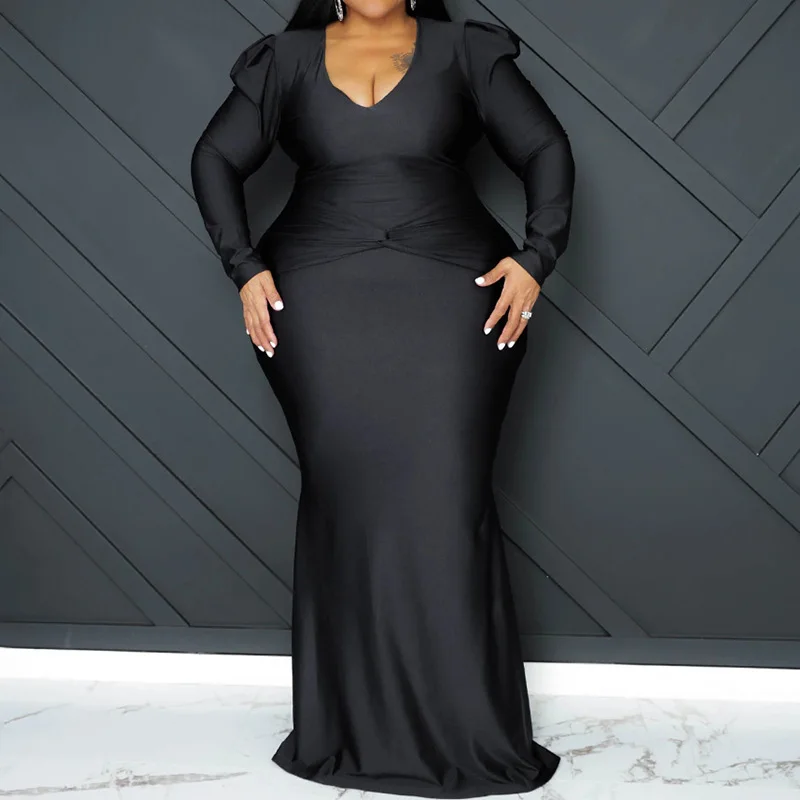 Nightclub Fashion Solid Color V-Neck Folds Higt Waist Zipper Robe Femme Autumn Sexy Plus Size Bag Hip Long Sleeve Princess Dress