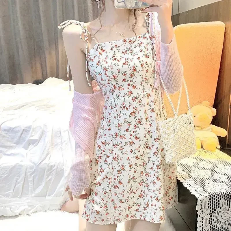 Summer Hipster Floral Print Strap Slim Fit Women Dress Fairy Sweet Fashion Sleeveless Mini Dress A Line Preppy Suspender Dresses