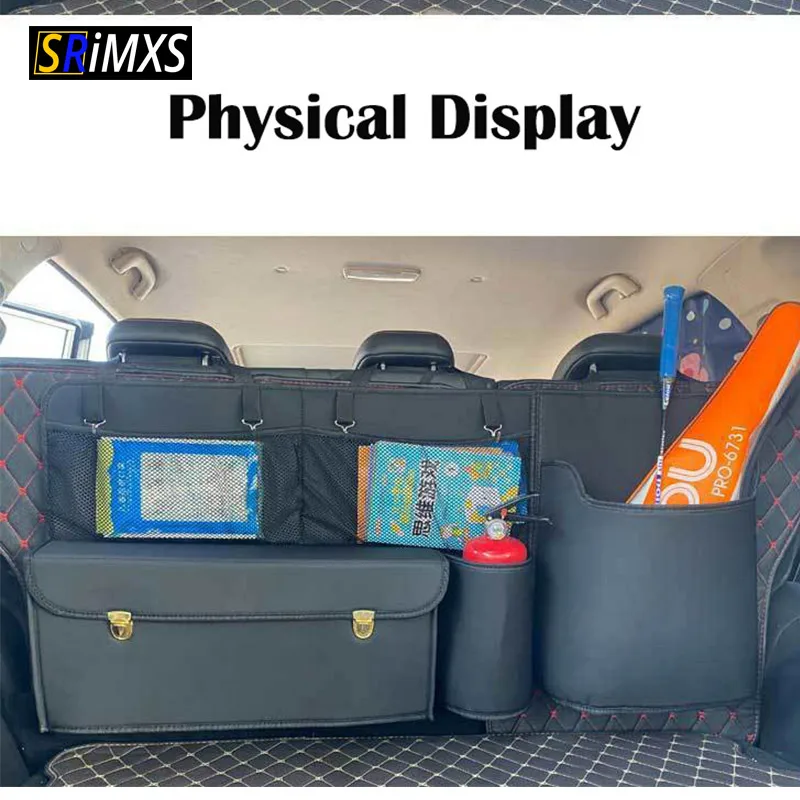 

Black Leather Car Trunk Organizer Box Hanging Rear Seat Organizer Box Trunk Storage Arrangement with Net Bag Organizer Trunk Box