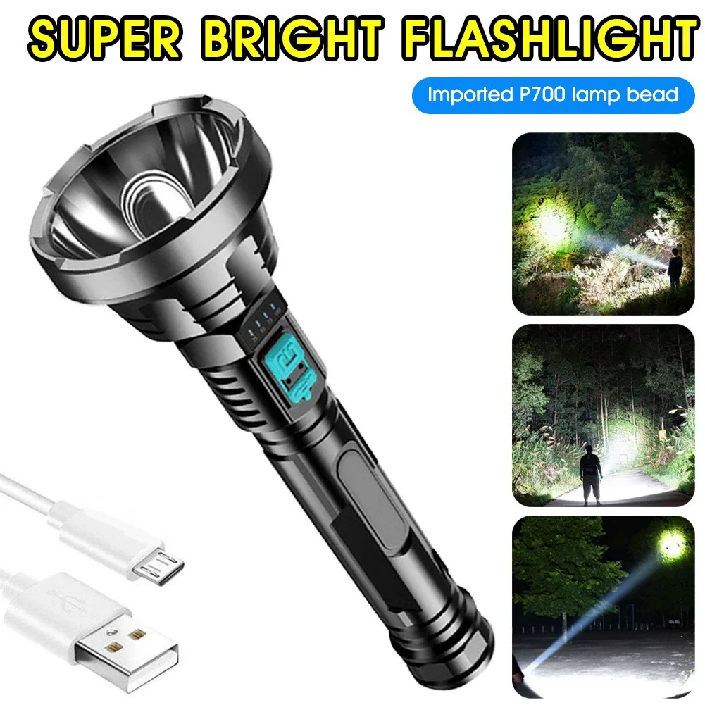 가정 및 야외용 대형 장거리 LED 손전등 강력한 조명 USB 충전 ABS 소재 배터리 표시 기능 포함
