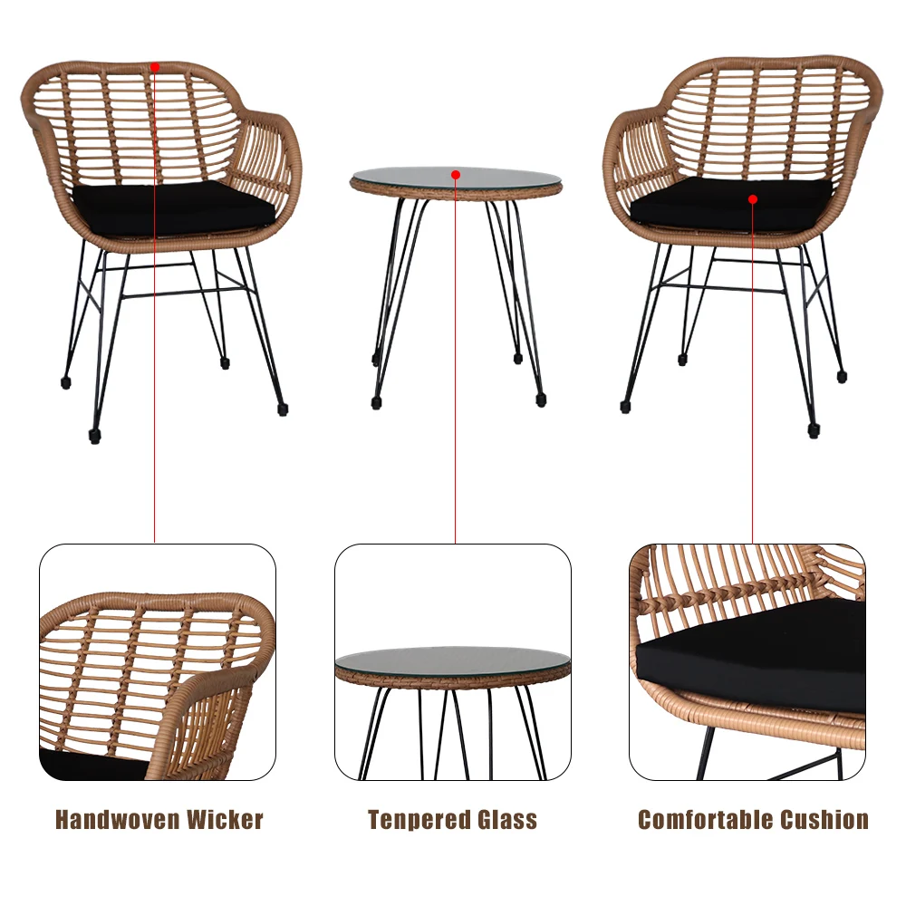 3 pcs Wicker Rattan Patio Conversation Set with Tempered Glass Table  Flaxen Yellow 4