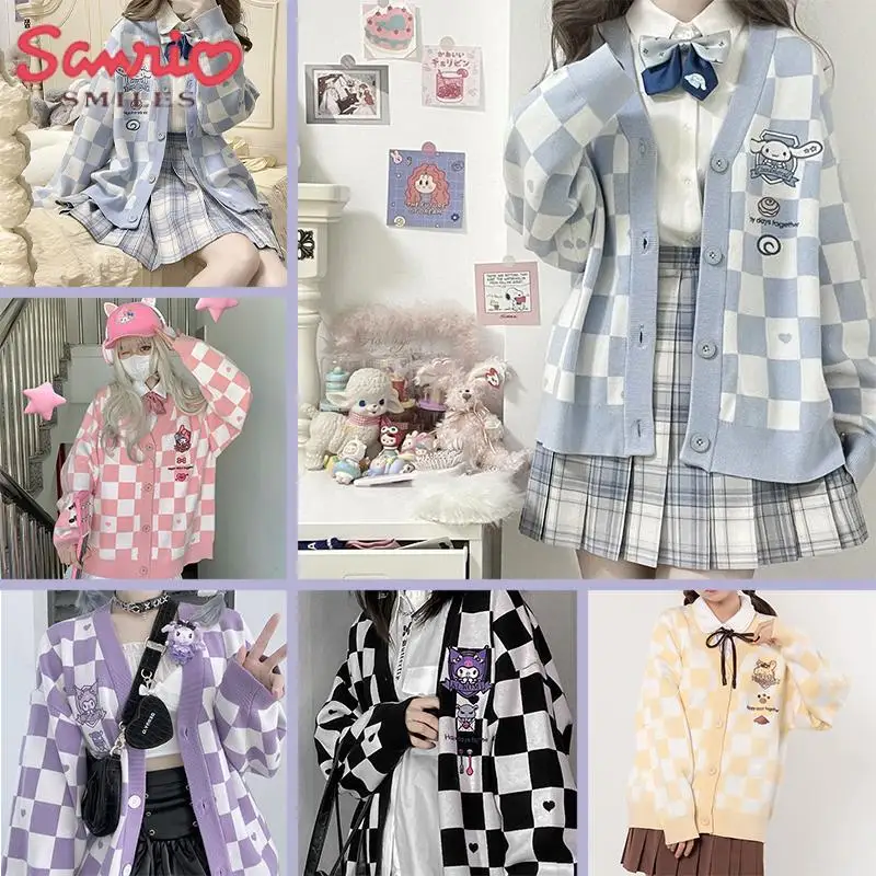 Sanrio аниме Kawaii Kuromi Cinnamoroll My Melody шахматный свитер кардиган Jk Униформа Вышивка Топ пальто милая девочка подарок