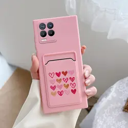 Cartoon Card Slot Holder Wallet Phone Case with Back Cover - Realme 8 Pro 4G (Pink Lover Heart)