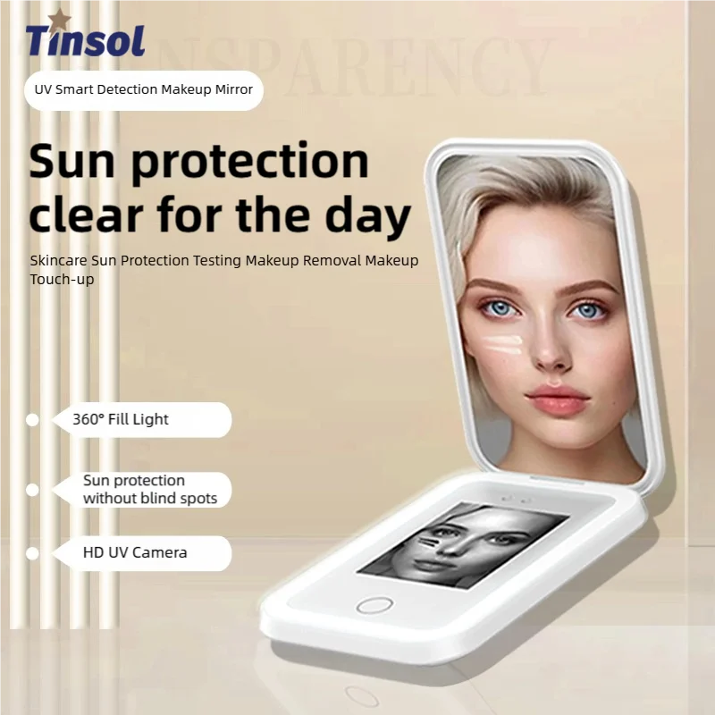 TINSOL UV 스마트 자외선 차단제 테스트 거울(HD 카메라 및 보조 조명 포함) 자외선 차단제 테스트용 2배 확대 여행용 거울