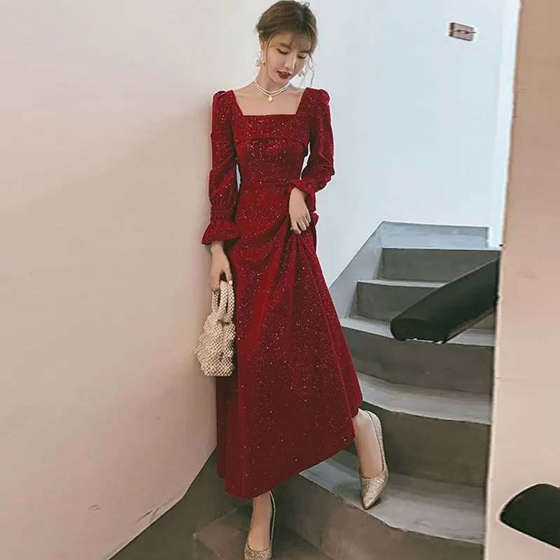 

Vestidos Long Sleeve Dress Women Elegant Ankle-length Female Square Collar Simple Trendy Korean Style Leisure Streetwear Slim