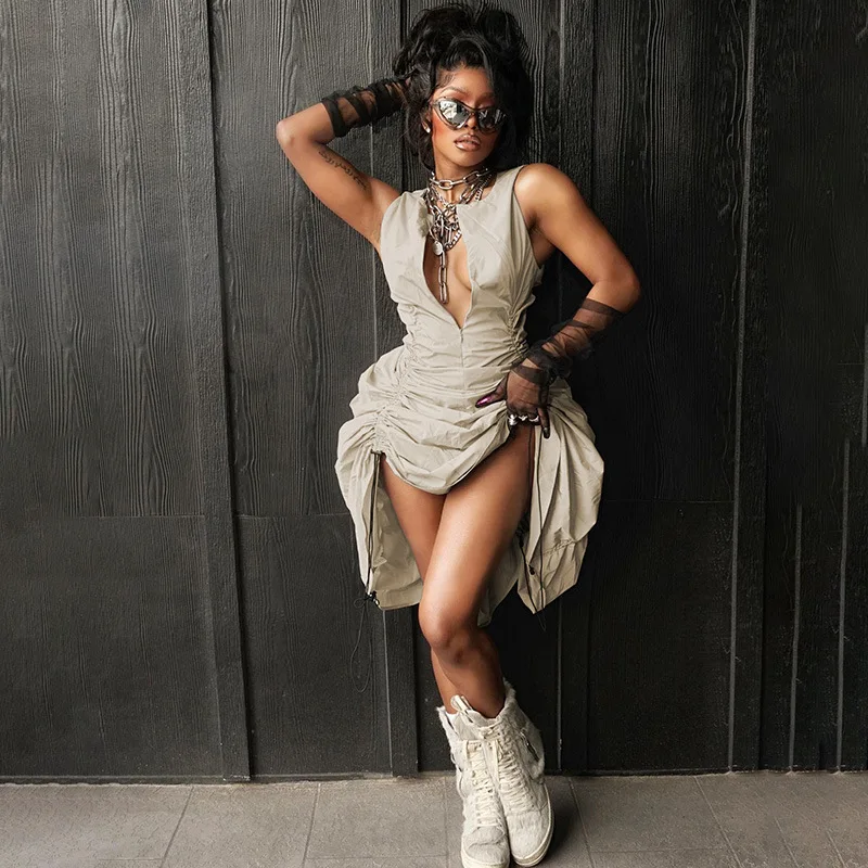 

Sexy Sleeveless Solid Bodycon Midi Dress Women Cut Out Drawstring Ruched Ball Gown 2023 Summer Night Prom Elegant Y2K Clothes