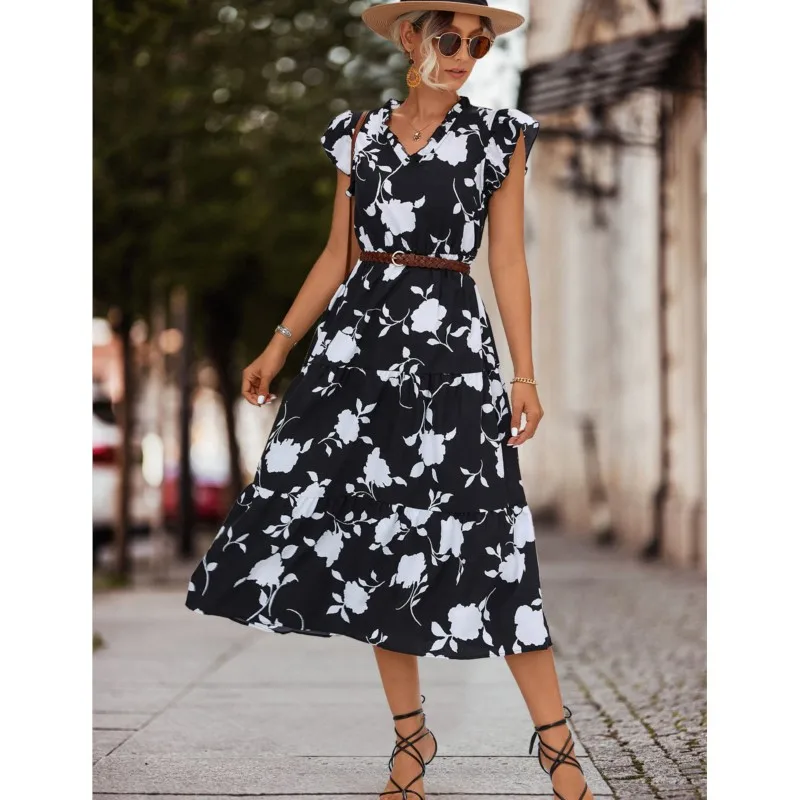 

2023 Spring/Summer New Women's Elegant And Stylish Comfortable Pullover V-neck High Waist A-line Printed Flying Sleeve Dress