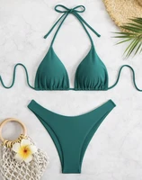 Women Thong Bikini Lace‑Up Halter Brazilian Solid Swimwear