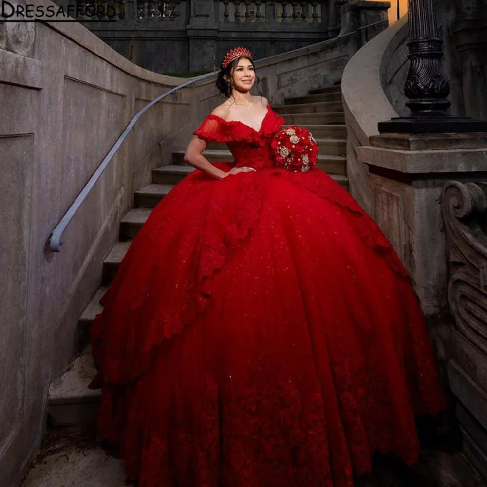 

Red Princess Quinceanera Dresses Lace Appliques Ball Gown Birthday Gown Sweetheart Lace-Up Sweet 16 Dress