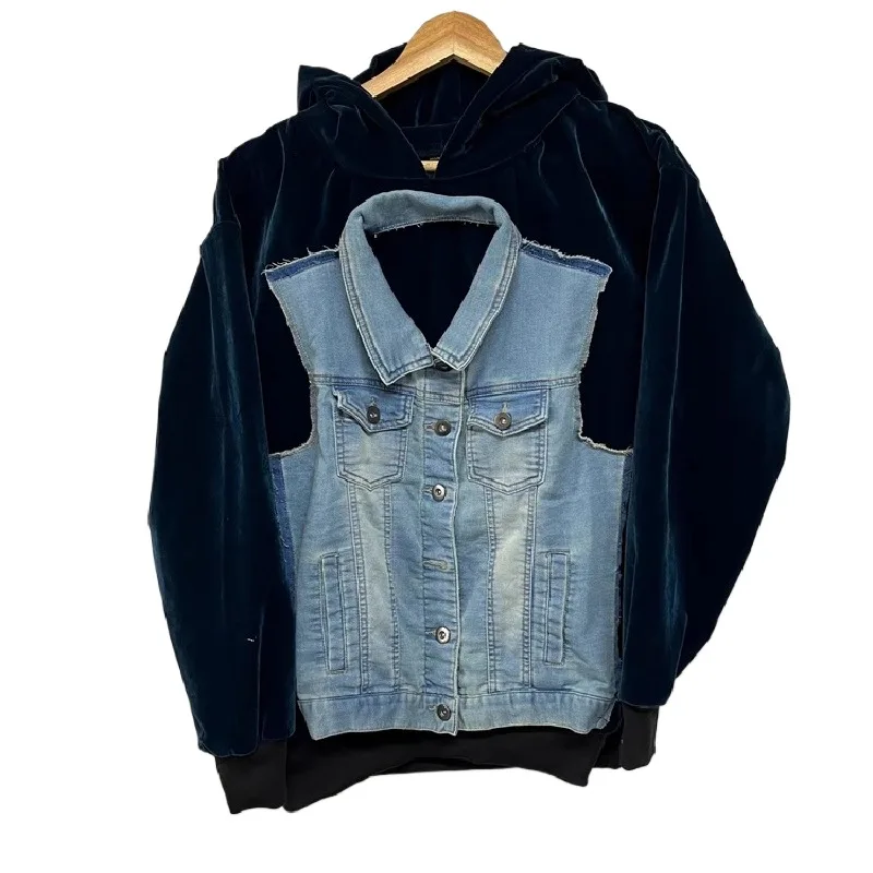 

Fashion Design Velvet Hoodies With Jeans Patchwork High Street Velour Sweatshirt Oversized Hip Hop Pullover Hoody Tops