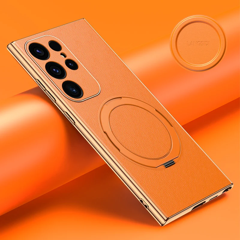 LANGSIDI Original Leather Wireless Magsafe Cover For Samsung Galaxy S24 Ultra s23 plus Military Shockproof Metal ring stand case