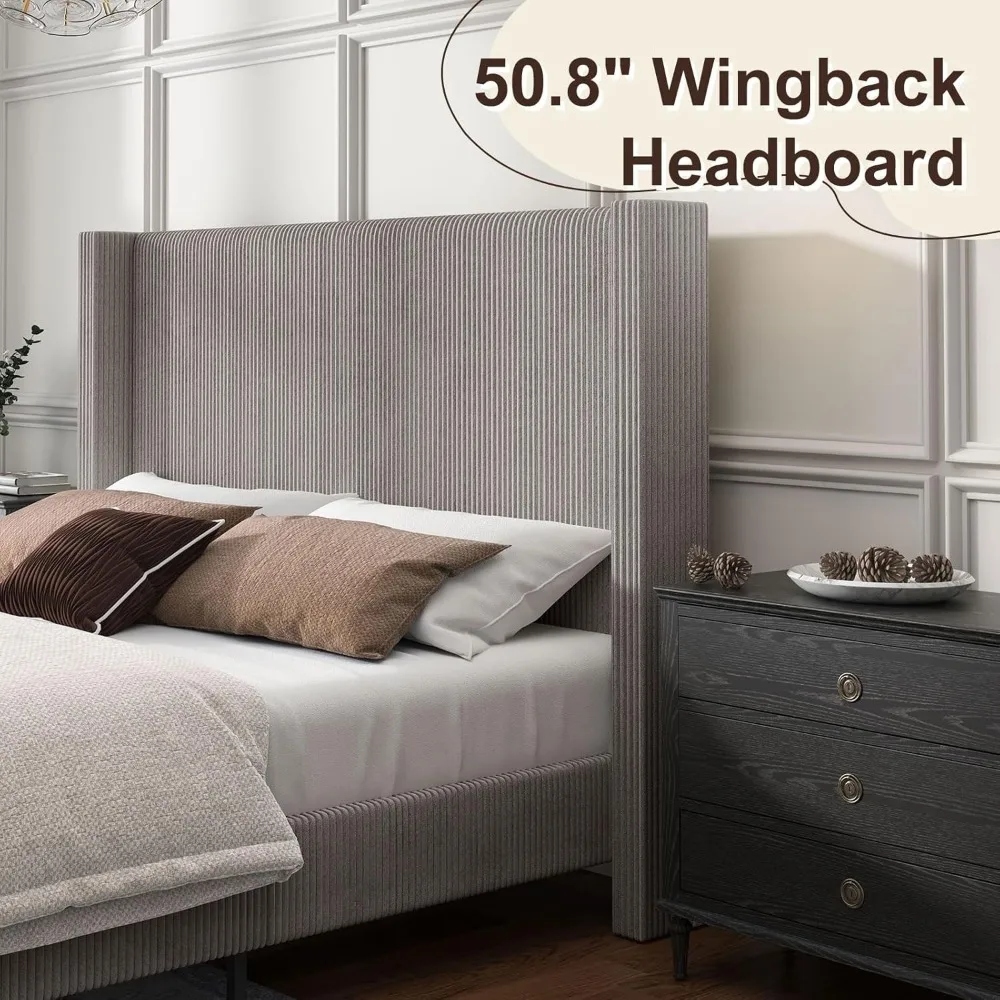Queen Size Upholstered Platform Bed Frame, Wingback Beds with 50.8" Headboard, Corduroy, Queen Bed Frame 5
