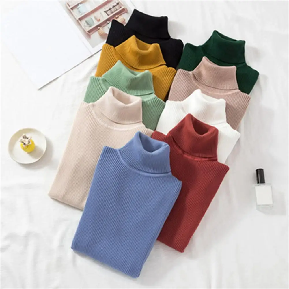 

Turtleneck Women Autumn Winter Pullover Sweater Basic Casual Slim Stretch Soft Ribbed Knitted Top Woman Sweaters 2023