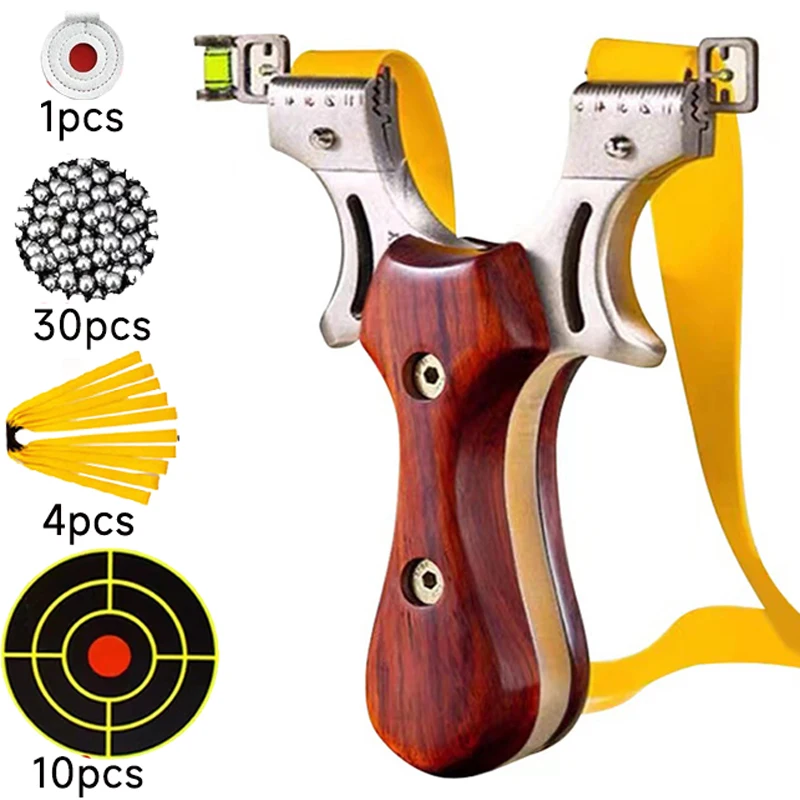 

Stainless Steel Slingshot Flat Rubber Band Outdoor Sports Hunting High Precision 3 times Aiming Slingshot With Solid Wood Patch