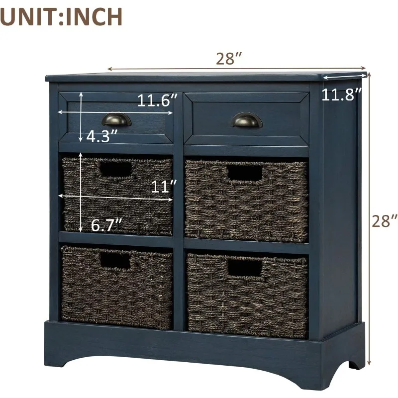 Rustic Storage Cabinet Cabinet with 2 Drawers and 4 Classic Fabric Basket for Kitchen/Entryway/Living Room, Antique Navy 3