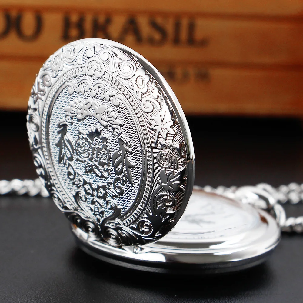 Luxury Silver Quartz Pocket Watch Fashion Necklace Pendant Chain Jewelry Gift Steampunk Clock for Men Women