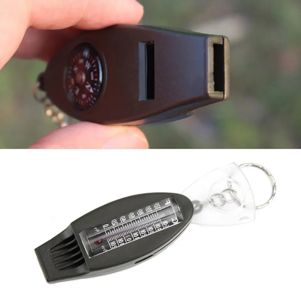 4 In 1 multifunzione fischio compasso termometro Magnifier campeggio portachiavi strumento per il viaggio escursionismo arrampicata sport all'aria aperta