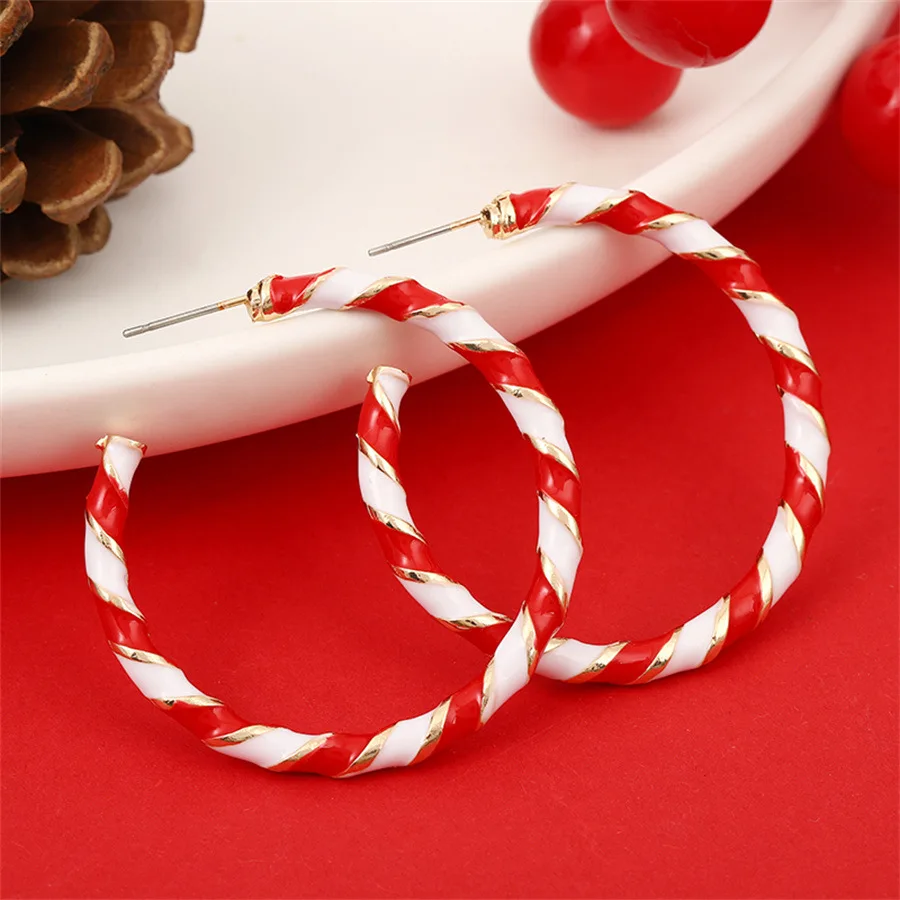 Christmas Candy Cane Hoop Earrings – Red & White Enamel Hoops, Festive Holiday Jewelry For Women, 1.18 Inch Diameter - View #3