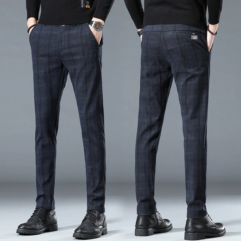 

2023 New Spring England Plaid Work Stretch Pants Men Cotton Business Fashion Slim Grey Blue Casual Pant Male Brand Trouser 38