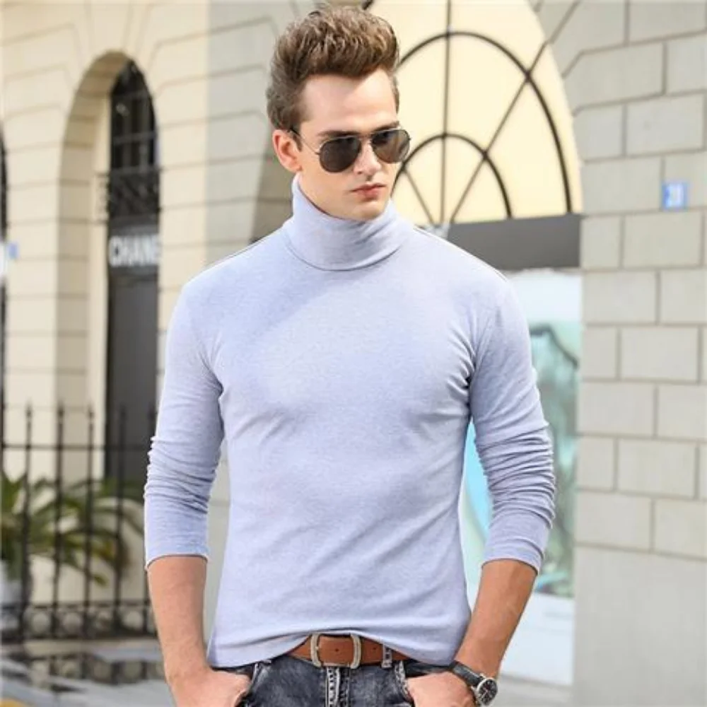 Men Long Sleeve T Shirt High Neck Smooth Turtleneck Undershirt