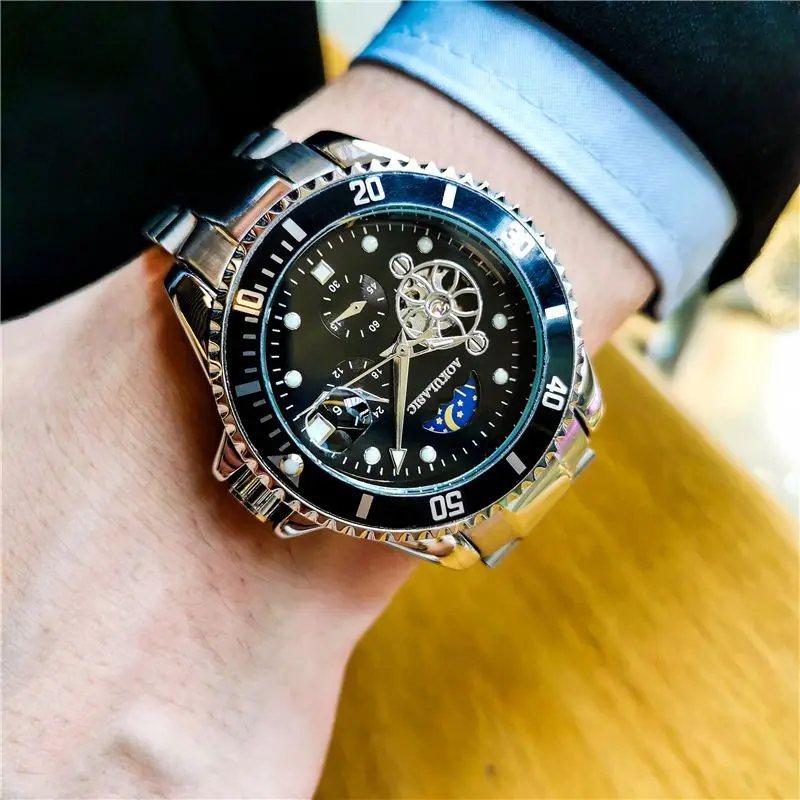 Orologio Uomo Automatico Di Lusso Con Tourbillon, Fase Lunare, Quadrante Nero, Acciaio Inox, Impermeabile 3 ATM, Regalo