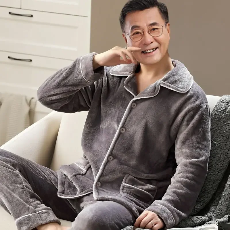 

Middle Age Elderly Sleepwear Men's Coral Velvet Pajamas Thick Plush Autumn Winter Oversize Father's Flannel Home Clothing Set