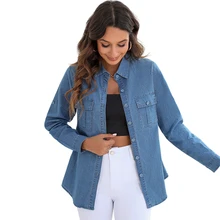 

Blouse Women Button Up Denim Shirt Women'S Spring Long Sleeve Solid Color Loose Pocket Denim Top For Women Blusas Ropa De Mujer