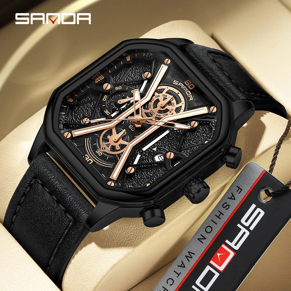 

SANDA 7057 Luxury Watch Business Waterproof Male Clock Luminous Date leather Square Quartz Men Wristwatches Reloj Hombre