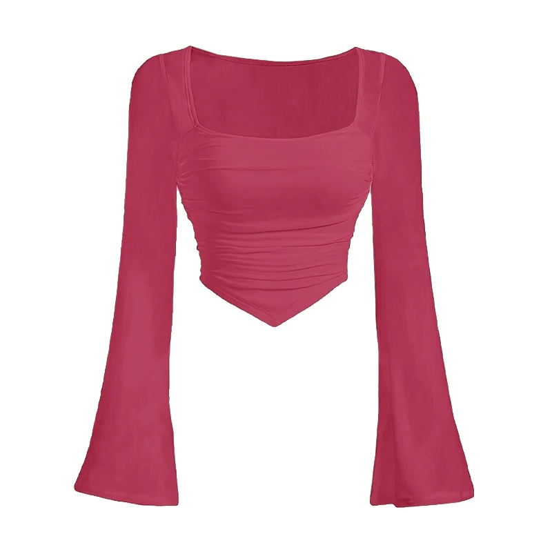 Plus Size Women's Sexy Clothes Mesh Sheer Long Sleeve Cut Out Crop Tops Ruched Asymmetrical T Shirts Y2K Casual Tees Streetwear