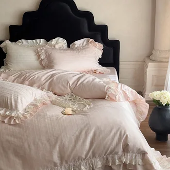 Luxury Satin Cotton Princess Ruffle Bedding Set Duvet Cover Bed Linen Comforter Queen King Double Sheets Coverlet Soft Warm Cozy 1