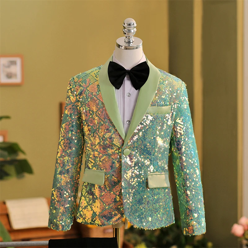 

Высококачественный официальный костюм с блестками для мальчиков детское корейское платье ведущего подиума фотосерый костюм детские зеленые куртки