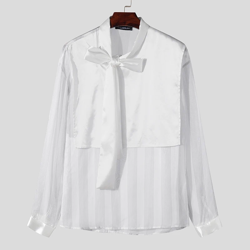 thumbnail image 1 of INCERUN Tops 2024 estilo coreano sexy para hombre, camisa de diseño de rayas transparentes, ropa de club informal, blusa fina de manga larga, gran oferta, S-5XL, 1 of 5