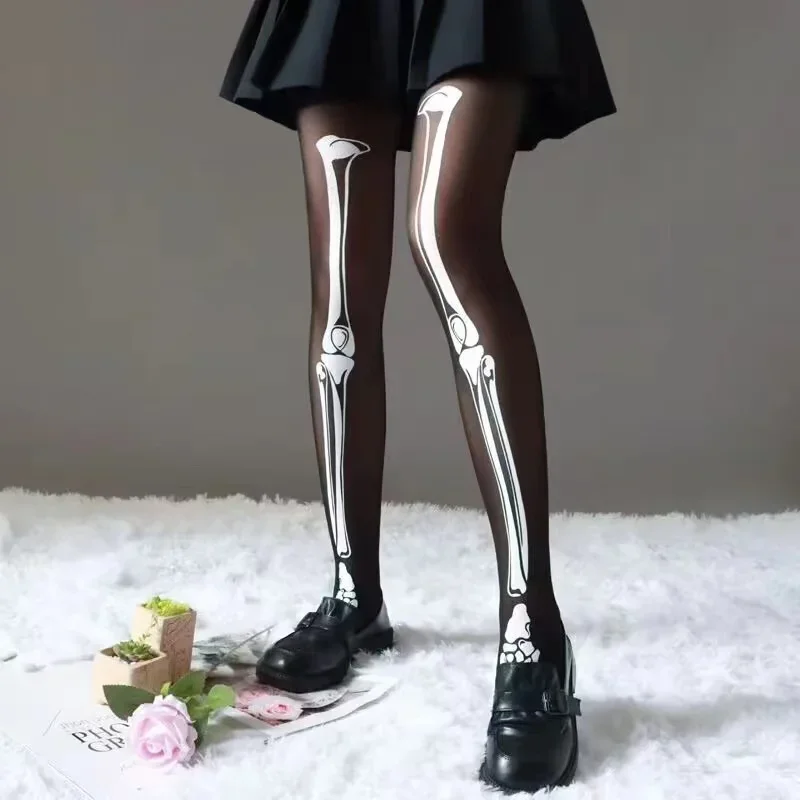 Fashion Tights Sexy Skeleton Legging Nightclub Bar Stockings Halloween Skull Bones Black Pantyhose for Women Young Girls