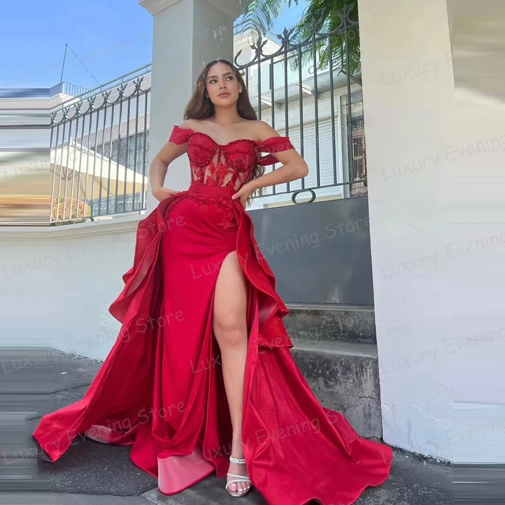 Red Sequins Mermaid Evening Dress with Split Sexy Prom Dress Y1640